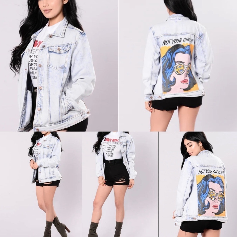 ✨🩵 Fashion Nova "Not Your Girl" Pop Art Comic Graphic Acid Wash Denim Jacket M✨